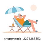 Elderly man tourist in beach chair under umbrella. Senior smiling men relax. Retirement, travel, summer tourism concept. Vector flat illustration isolated on white background.