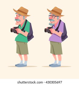 elderly man, travel, grandparent, tourism, cartoon character, vacation, travel concept, summer, old man, happy, traveling pensioner, with camera, bag, vector illustration