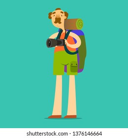 Elderly man travels with a backpack and a camera .vector illustration