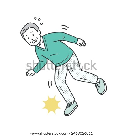 An elderly man tripping and panicking