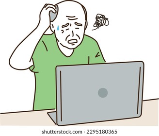 Elderly man in trouble in front of a laptop

