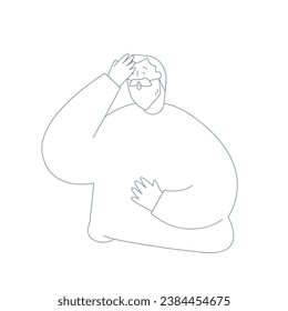 An elderly man in trouble. He has his hand on his forehead.