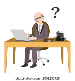 Elderly man is typing on a laptop. The man was lost in thought in the office. A question mark. A person is sitting at a desk in an office . A vector image of a person for animation. Editable strokes