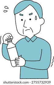 Elderly man unable to open a plastic bottle cap due to weak grip, monochrome illustration