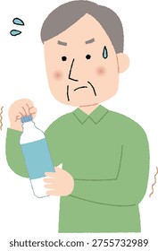 Elderly man unable to open a plastic bottle cap due to weak grip, illustration