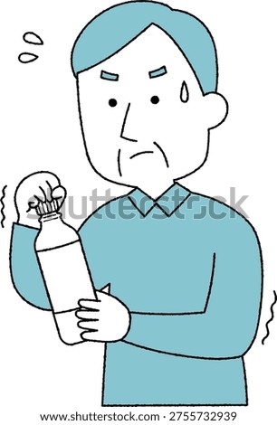 Elderly man unable to open a plastic bottle cap due to weak grip, monochrome illustration