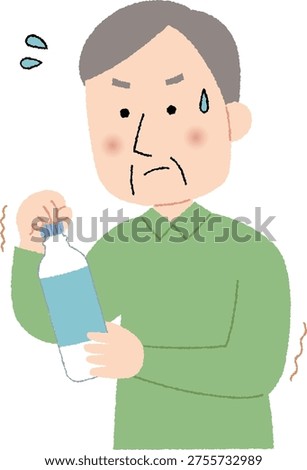 Elderly man unable to open a plastic bottle cap due to weak grip, illustration