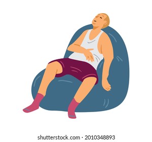 Elderly man in underwear napping in armchair, flat vector illustration isolated on white background. Lazy and tired senior person relaxing and resting.