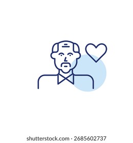 Anciano usuario y corazón. Asistencia de confianza, servicios de Asistencia senior. Icono de Vector de trazo perfecto y editable