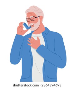 Elderly man uses an asthma inhaler against attack. World asthma day. Bronchial asthma. Allergy, asthmatic. Inhalation drug.