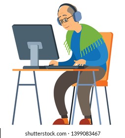 Elderly man using computer, senior sitting at table, wearing headset and glasses, older male looks at monitor, grandpa and wireless device vector