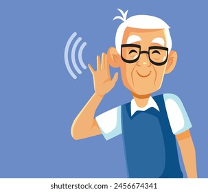 
Elderly Man Using Hearing Aid Vector Medical illustration. Grandpa with good hearing having no problems with aging 
