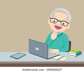 elderly man using a laptop computer,Portrait senior man using laptop for working at home,Elderly person study to work on notebook