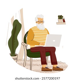 Elderly Man Using Laptop in a Cozy Home. For themes of online learning, remote work, or technology use in retirement