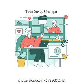 Video Anciano usando una computadora portátil para editar, rodeado de Elementos digitales que representan la interacción multimedia. Ilustración vectorial moderna y enfocada en la tecnología que muestra el envejecimiento activo.