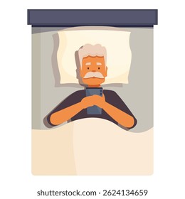 Elderly man using mobile phone in bed, experiencing insomnia and sleep problems