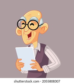 Elderly Man Using a Pc Tablet Vector Cartoon. Happy cheerful grandfather making a video call on social media 
