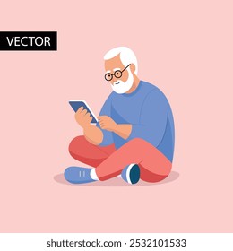 Homem idoso usando smartphone. Educação de adultos. Ilustração vetorial do idoso usando tecnologia, enviando mensagens, tirando fotos e recebendo e-mails em smartphones.