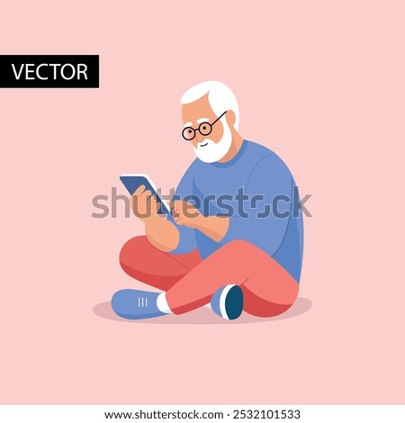 Elderly man using smartphone. Adult Education. Vector illustration of senior using technology, sending messages, taking photos and receiving emails on smartphones.