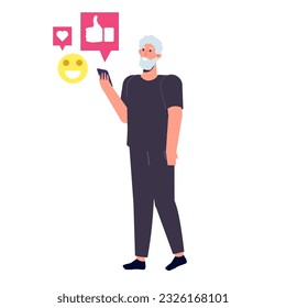 Elderly man using social media. Vector illustration