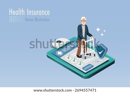 Elderly man with walker standing on health insurance policy and shield guard protection. Medical and healthcare insurance planning for elderly, healthy aging concept.