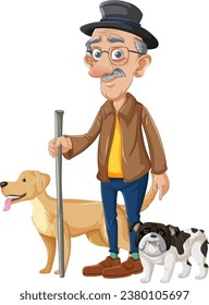 Elderly man with walking aid accompanied by dogs