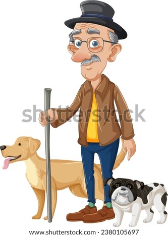 Elderly man with walking aid accompanied by dogs