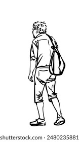 An elderly man walking with a backpack hanging on one shoulder, View from back, Hand drawn illustration, Vector sketch of city dweller isolated