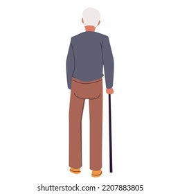 Elderly man walking backwards. Grandfather with a walking stick. Flat vector illustration on white background