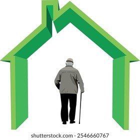 Hombre anciano con bastón caminando acercándose a un Grande símbolo de la casa verde, representando conceptos como casa de retiro, inversión inmobiliaria o vivienda sostenible