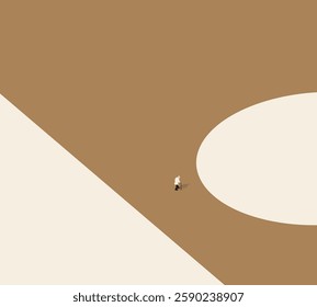 Elderly man with walking cane crossing modern minimal urban street. Abstract Outdoor art design.