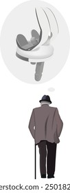Elderly man walking with cane dreaming of a bionic hip replacement surgery