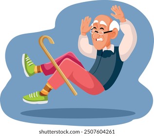 
Elderly Man with Walking Cane Falling Vector Illustration. Grandpa suffering an accident losing his balance feeling dizzy
