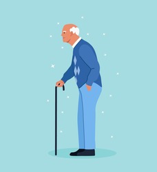Elderly man with walking cane. Handsome old man in casual outfit with stick. Vector illustration