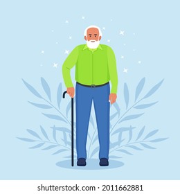 Elderly man with walking cane. Handsome old man in casual outfit with stick. Vector illustration