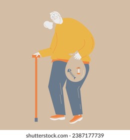 An elderly man walking with a cane. He is trying to take out his garbage.