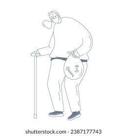 An elderly man walking with a cane. He is trying to take out his garbage.