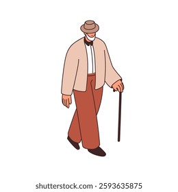 Elderly man walking with cane. Senior gentleman in hat, strolling outdoors with a crutch, supporting stick. Retired old citizen on street. Flat vector illustration isolated on white background