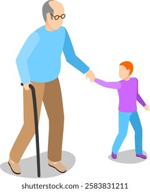 Elderly man walking with a cane while holding hands with a young child, symbolizing the deep family bonds, care, and support that thrive across generations