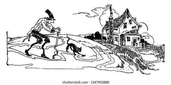 Elderly Man Walking with Cat Towards a House where an elderly man with a cat walking towards a dilapidated house, vintage line drawing or engraving illustration.