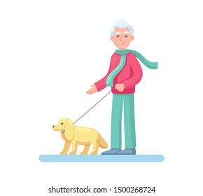 Elderly man walking a dog on a leash with a cane in his hands. Grey haired elderly people cartoon vector isolated on light background.
