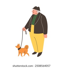 Hombre mayor que camina con el perro en una correa. Dibujos animados dueño senior con adorable mascota. Cuidado animal y amor mascota. Ilustración plana de Vector aislada. Abuelo con amigo animal pasar tiempo juntos