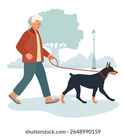 Elderly man walking a dog in a park with trees and a street lamp in the background vector