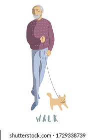 An elderly man is walking with a pet on a white background. All objects are grouped and isolated. Vector illustration with a senior citizen.