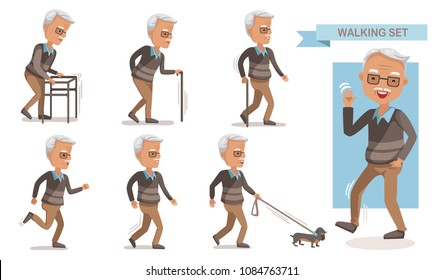 Elderly man walking set.exhausted old man walking with a cane. Full length of a casual senior man walking and smiling. portrait of a mature man with a walker. dog leash. isolated on white background