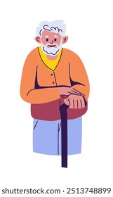 Elderly man with a walking stick, dressed in casual attire, in a flat colorful style. Vector illustration, isolated on a white background, suitable for healthcare or senior themes.