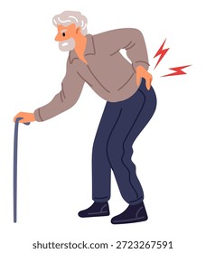 Anciano con bastón y sintiendo dolor en la parte baja de la espalda. Abuelo que sufre de dolor de espalda. Síntoma doloroso del reumatismo. Enfermedad de la persona mayor. Tratamiento de enfermedades. Me duele la cintura. Concepto de Vector