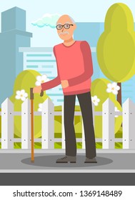 Elderly Man with Walking Stick Flat Illustration. Pensioner, Retired Person Cartoon Character. Grandfather Enjoying Walking in Park. Disabled Individual with Poor Vision Holding Cane