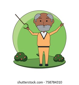 elderly man with a walking stick icon over white background colorful design vector illustration