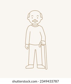 Elderly man with walking stick in line art style